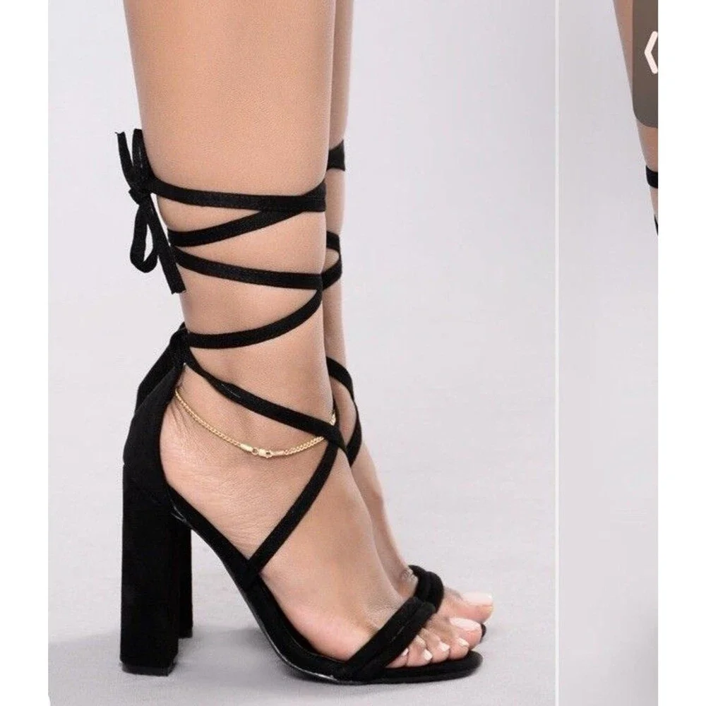Fashion Nova Strappy Lace Up Block Heels Black Party Club Shoes Size 8